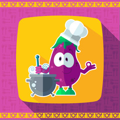 Naklejka premium Set of icons on a theme kitchen. Funny cooks -Eggplants in style