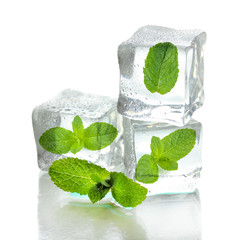 Ice cubes with mint, isolated on white