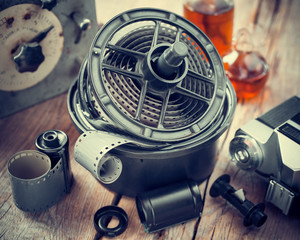 Developing tank with its film reels, photo film rolls, cassette,