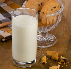 Chocolate cookies with milk in  glass.