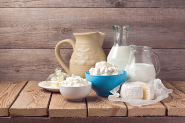 Dairy products on wooden rustic background
