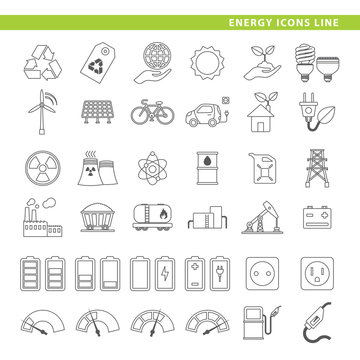 Green energy icons line.