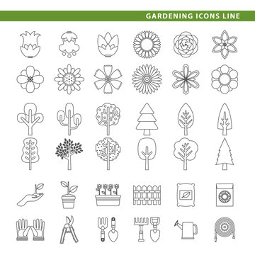 Gardening icons line.
