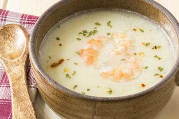 Potato soup with shrimps.