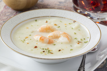 Potato soup with shrimps.