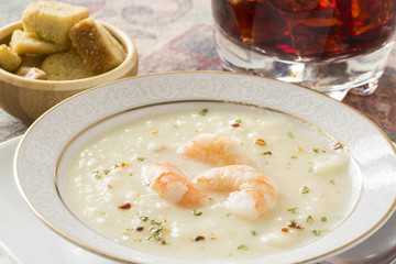 Potato soup with shrimps.