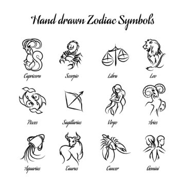 Hand drawn astrological zodiac symbols or horoscope signs