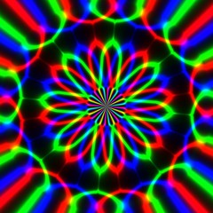 Abstract illustration of bright colorful spirals rotating on bla