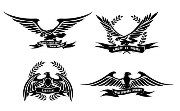 Eagle heraldic labels with laurel wreaths, shields and ribbons