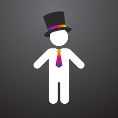 white figure with a top hat and colorful tie