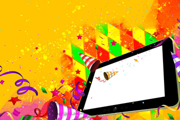 Confetti, streamers and  horn falling out from a Tablet party