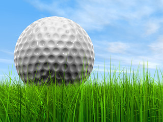 White golf ball in grass and sky