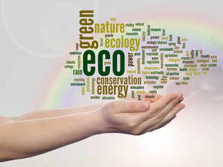 Conceptual ecology word cloud over rainbow