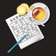 illustration of Sudoku game, mug of tea and cracker