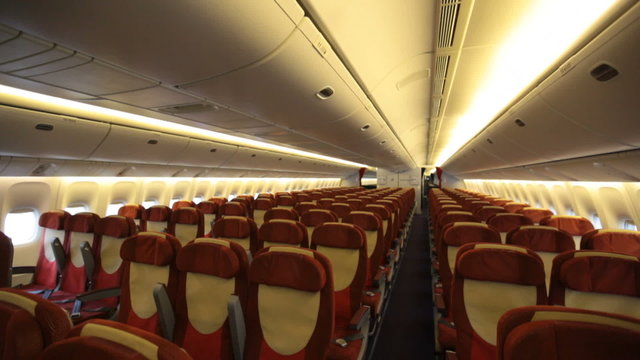 panorama of the inside of the empty aircraft cabin
