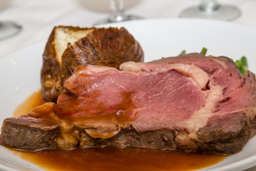 Slice of Rare Prime Rib and Baked Potato