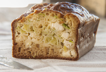 Homemade cake with leek and cheese close up