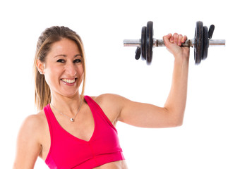 Happy sport woman doing weightlifting