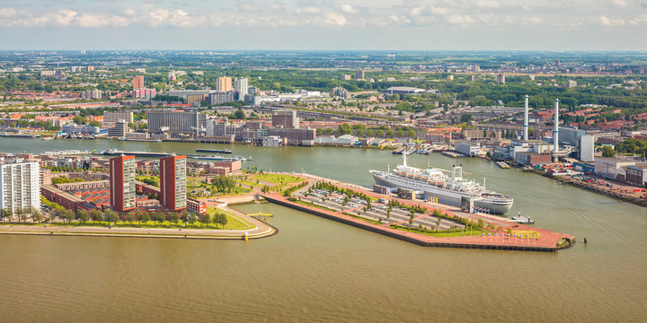 Panoramic view of The Dutch river Maas in Rotterdam
