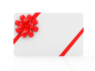 Empty Blank Gift Card with Red Ribbon and Bow isolated on white reflective background