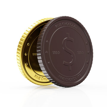 Business, Financial and Sweet Candy Food Concept. Golden Coin with Chocolate Coin Isolated on white background