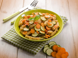 fusilli with zucchinis carrots and fresh tomatoes