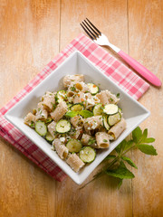 pasta with feta cheese zucchinis and mint leaf