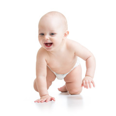 funny crawling baby isolated on white background