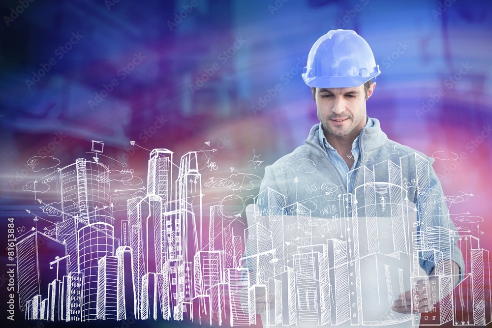 Poster Composite image of architect reading blueprints