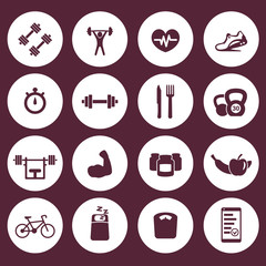 16 fitness, gym, workout, healthy living round flat icons