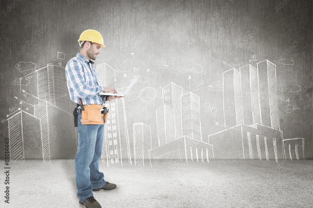 Poster composite image of full length of repairman using laptop