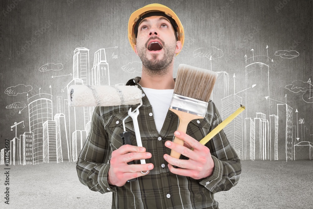 Poster Composite image of screaming manual worker holding various tools