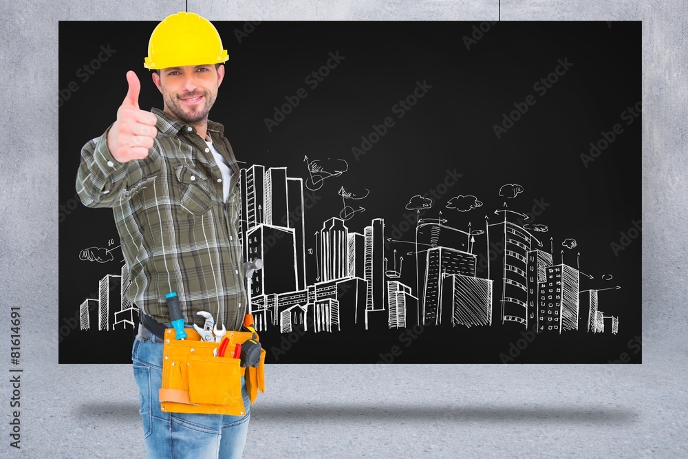 Poster Composite image of confident manual worker gesturing thumb up