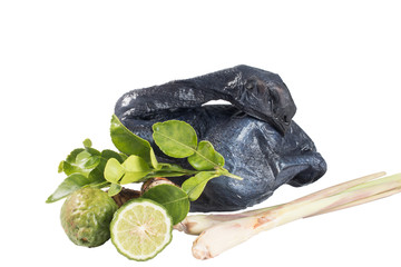 Whole Black Chicken and spices isolated On White Background