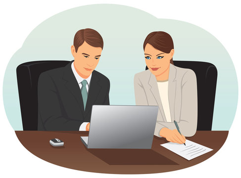 Businessman and businesswoman working with laptop in the office