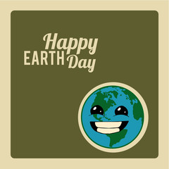Earth Day, smiling blue planet over green color background