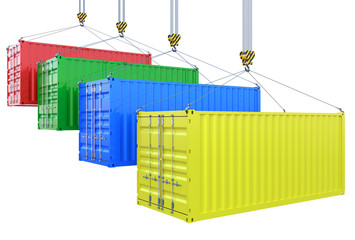 Different colors cargo containers on the crane hook isolated