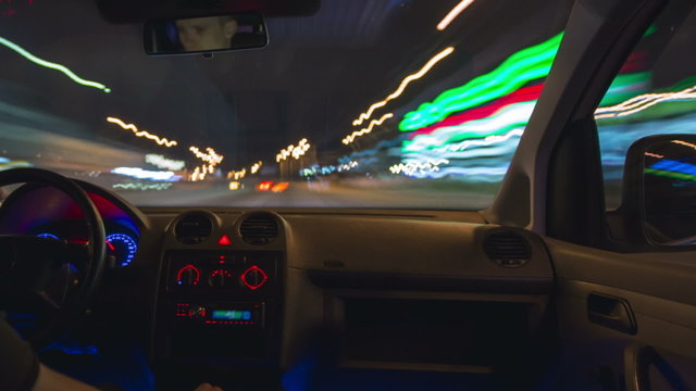 The night car driving time lapse, wide angle, slider shot
