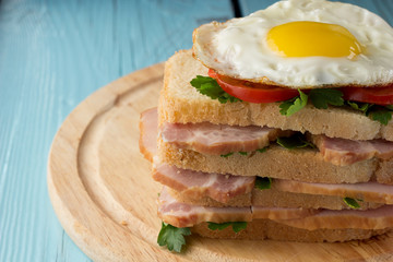 Sandwich with smoked pork, tomato and fried egg
