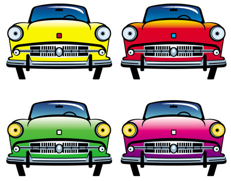 Four colored old cars