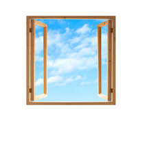 window open wooden frame  sky view isolated white background