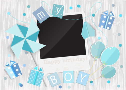 Greeting card for boy in wooden background. Vector EPS10.