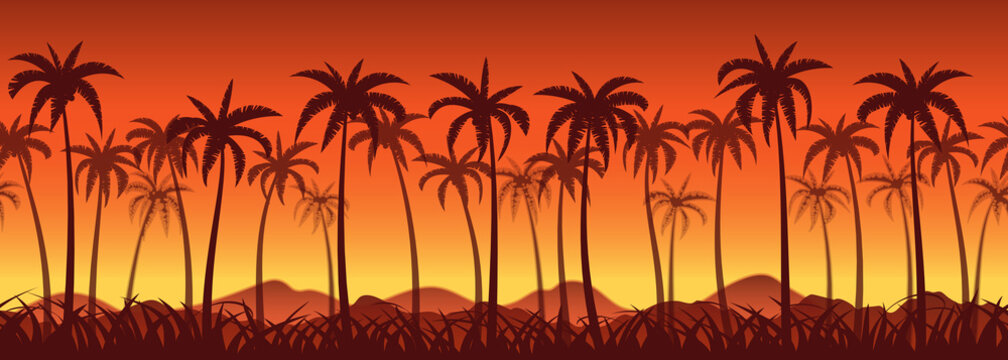 Tropical sunset with palm trees, seamless background