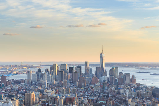 view of the Freedom Tower and Downtown Manhattan skyline © pigprox