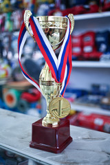 Gold medal  and glowing trophy cup