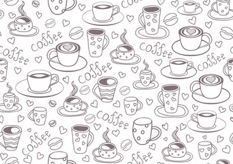 Vector seamless pattern with coffee cups and coffee beans