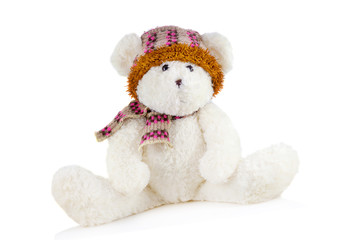 White teddy bear tie a scarf.
