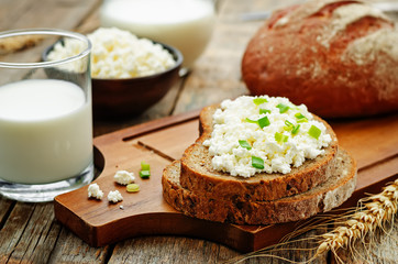 healthy Breakfast with whole grain rye bread, cottage cheese and
