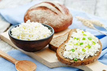healthy Breakfast with whole grain rye bread, cottage cheese and