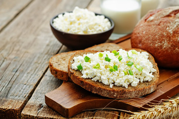 healthy Breakfast with whole grain rye bread, cottage cheese and